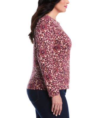 Plus Size Elegant Print Laced Crew Neck Long Sleeve Top