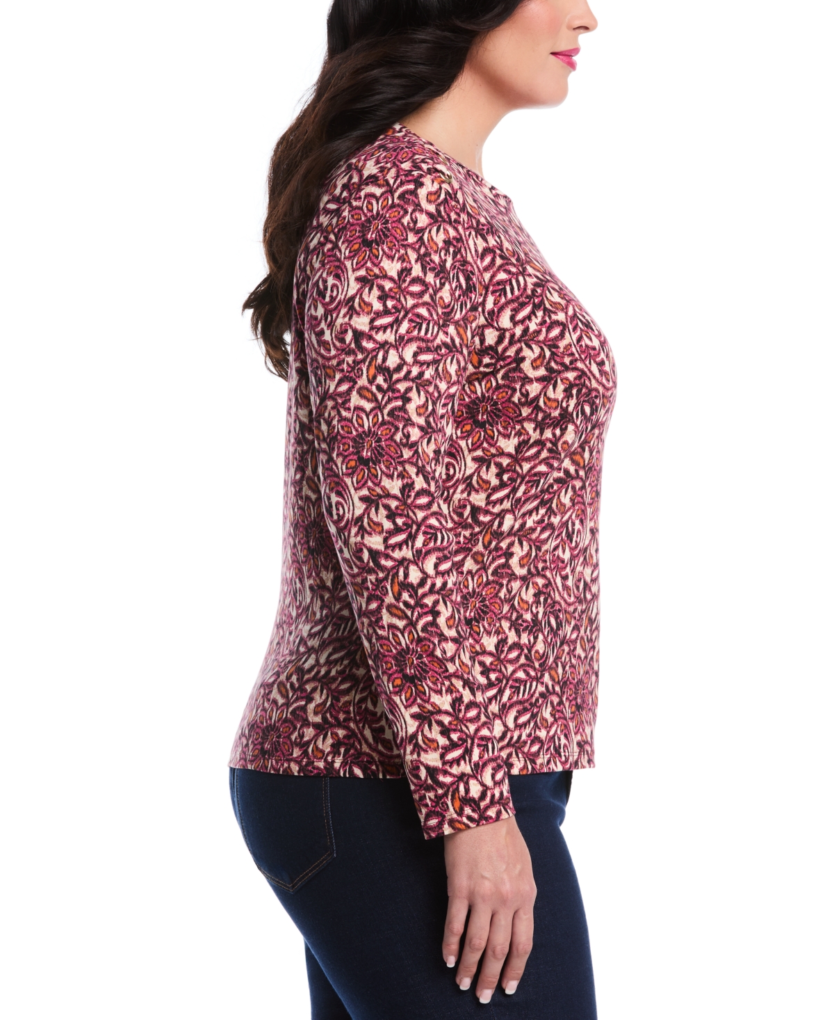 Rafaella Plus Size Elegant Print Laced Crew Neck Long Sleeve Top In Purple