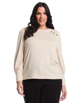 Plus Size Metallic Puff Long Sleeve Crew Neck Top