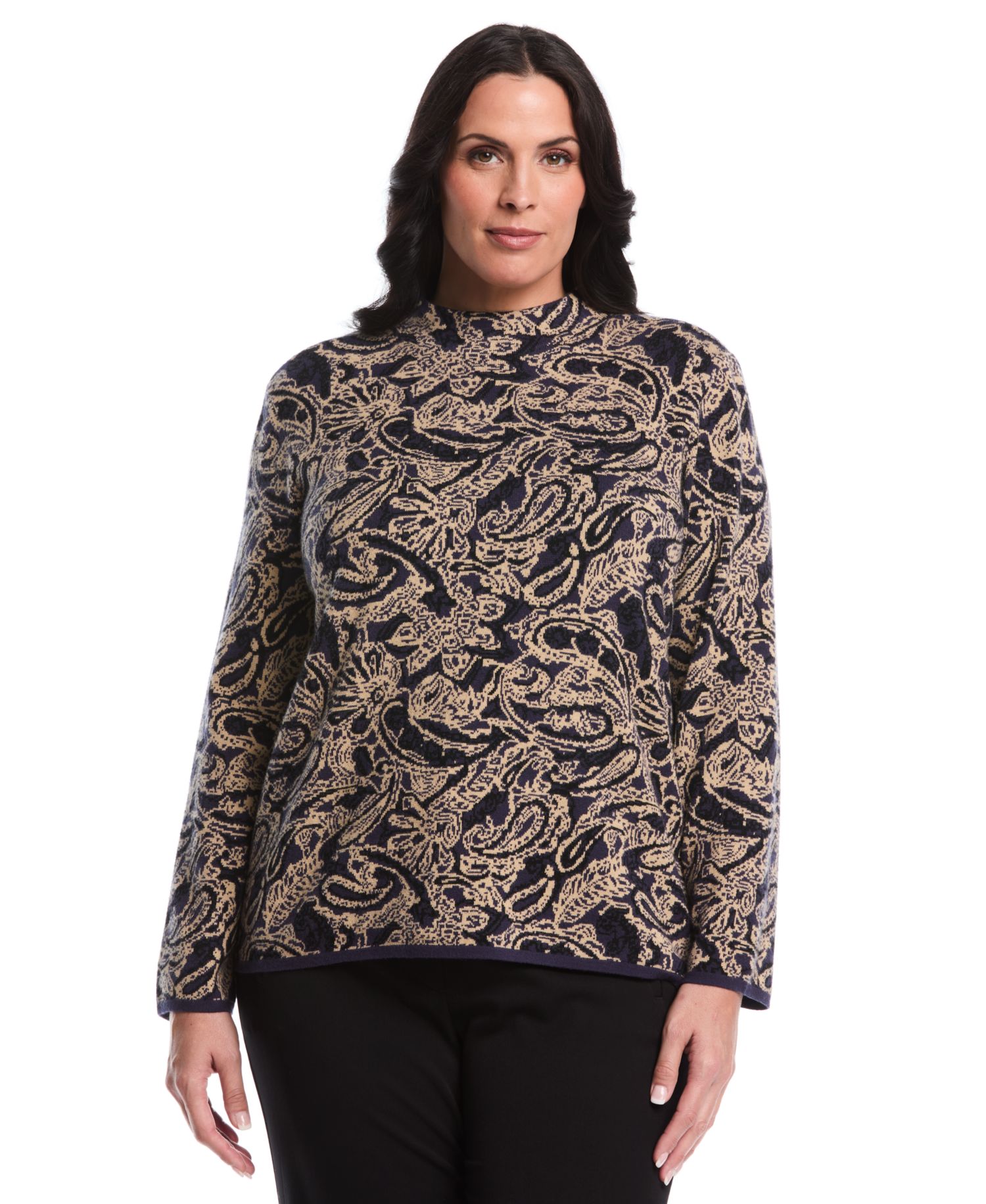 Plus Size Paisley Print Mock Neck Long Sleeve Sweater