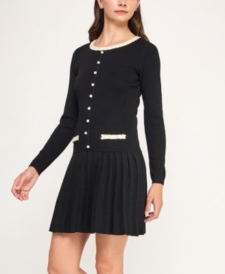 Juniors' Pearl Boucle Trim Pleated Fit & Flare Sweater Dress