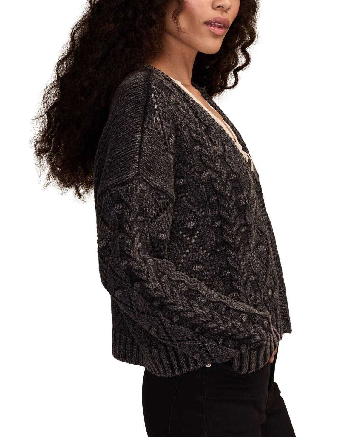 Lucky Brand Women's Cropped Cable Cardigan Sweater In Black