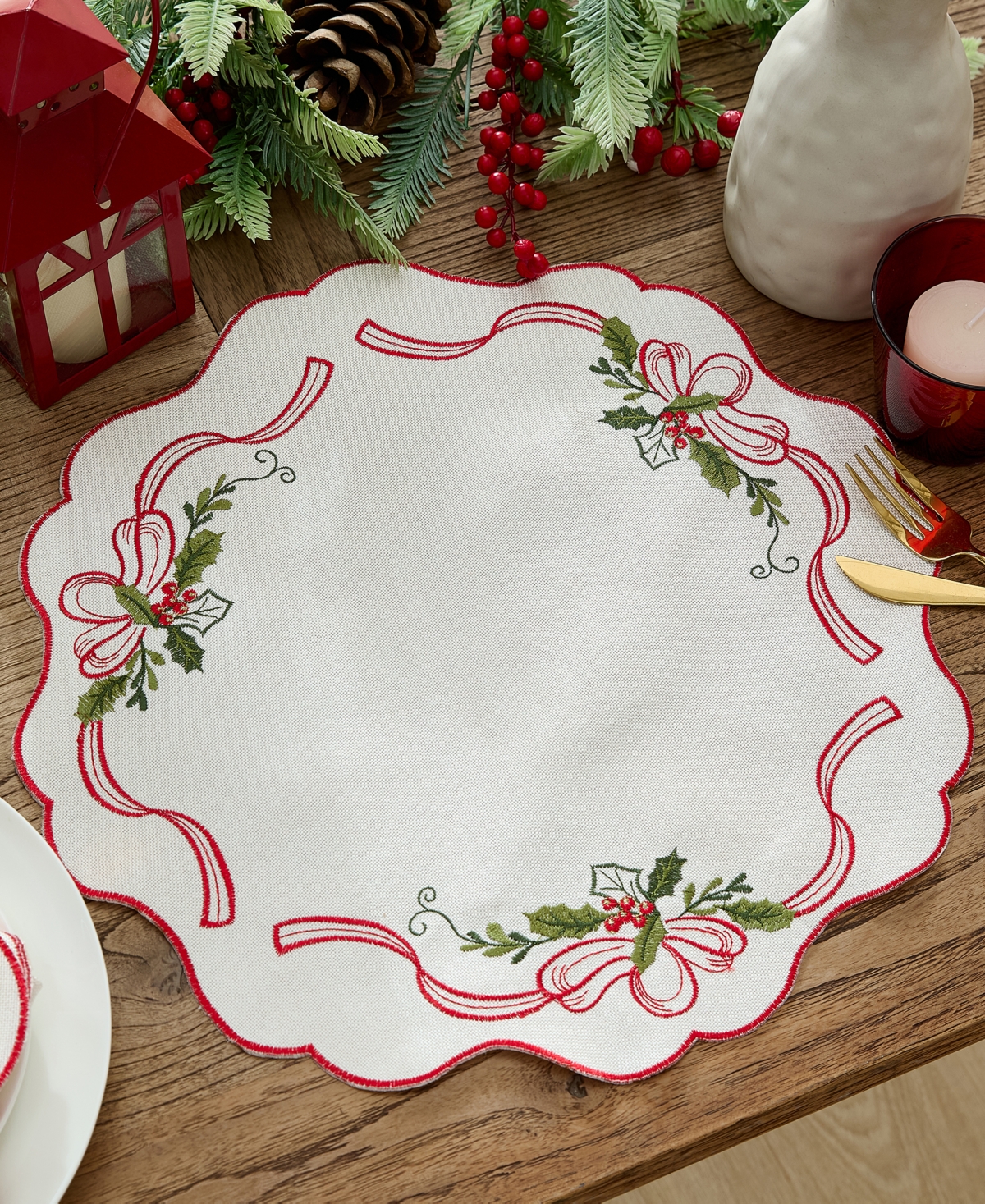 Elrene Holly Ribbon Embroidered Cutwork Fabric Round Placemat, 15"