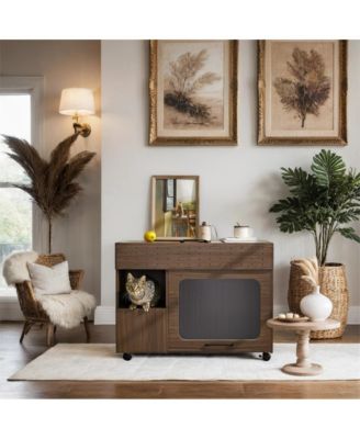 35.5 in. Wooden Multi-use Cat litter box house with Storage Made flip-up door in Walnut