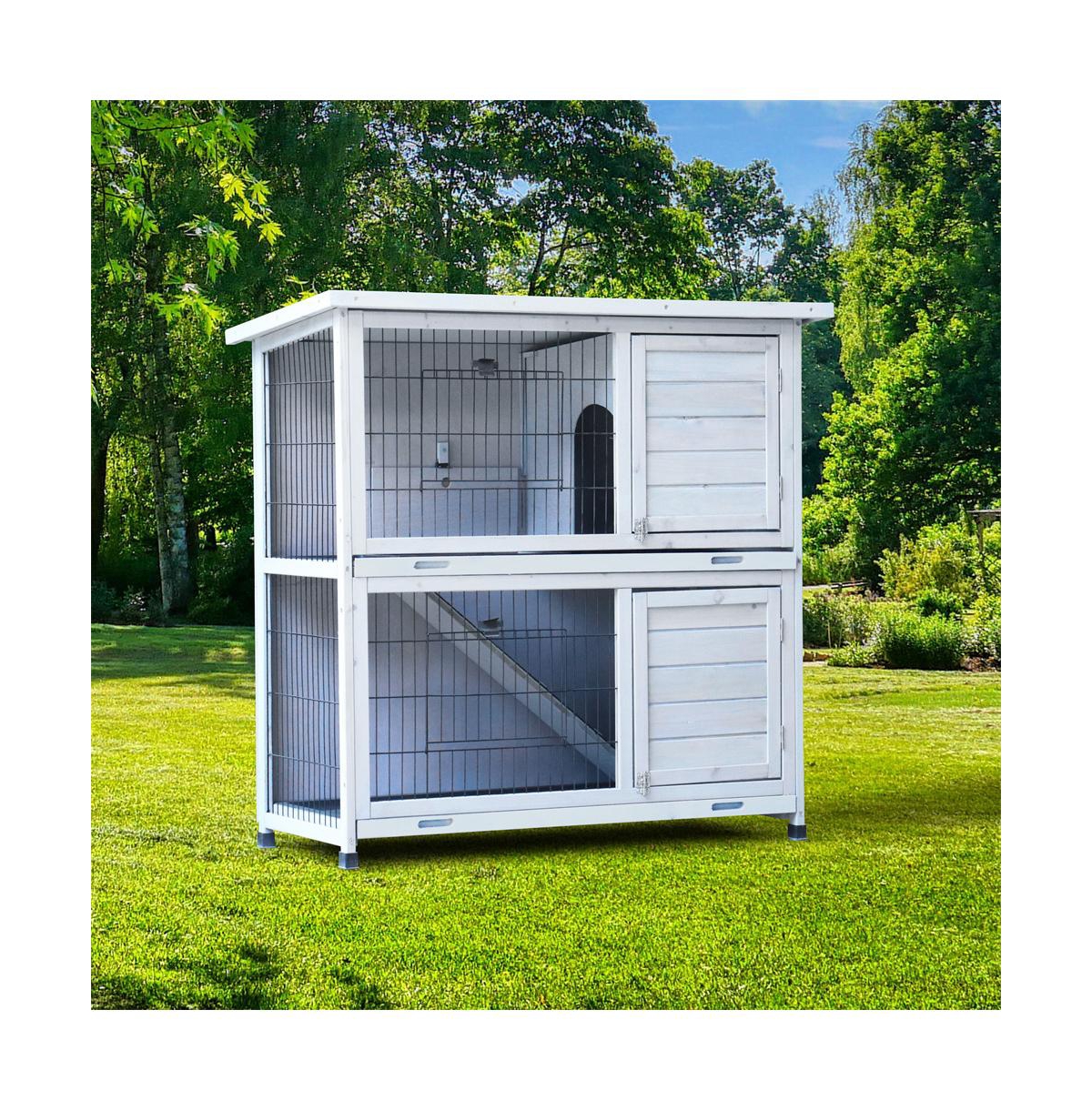 Aostirmotor 41" Outdoor Wooden Rabbit Hutch with 2 Removable No-Leak Trays Non-Slip Ramp Waterproof Roof in Gray
