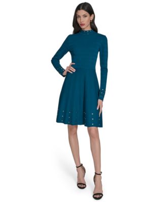 Vince Camuto - Petite Mock-Neck Embellished Fit & Flare Dress