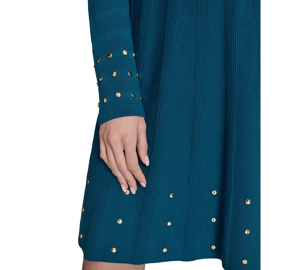 Vince Camuto Petite Mock-neck Embellished Fit & Flare Dress In Blue