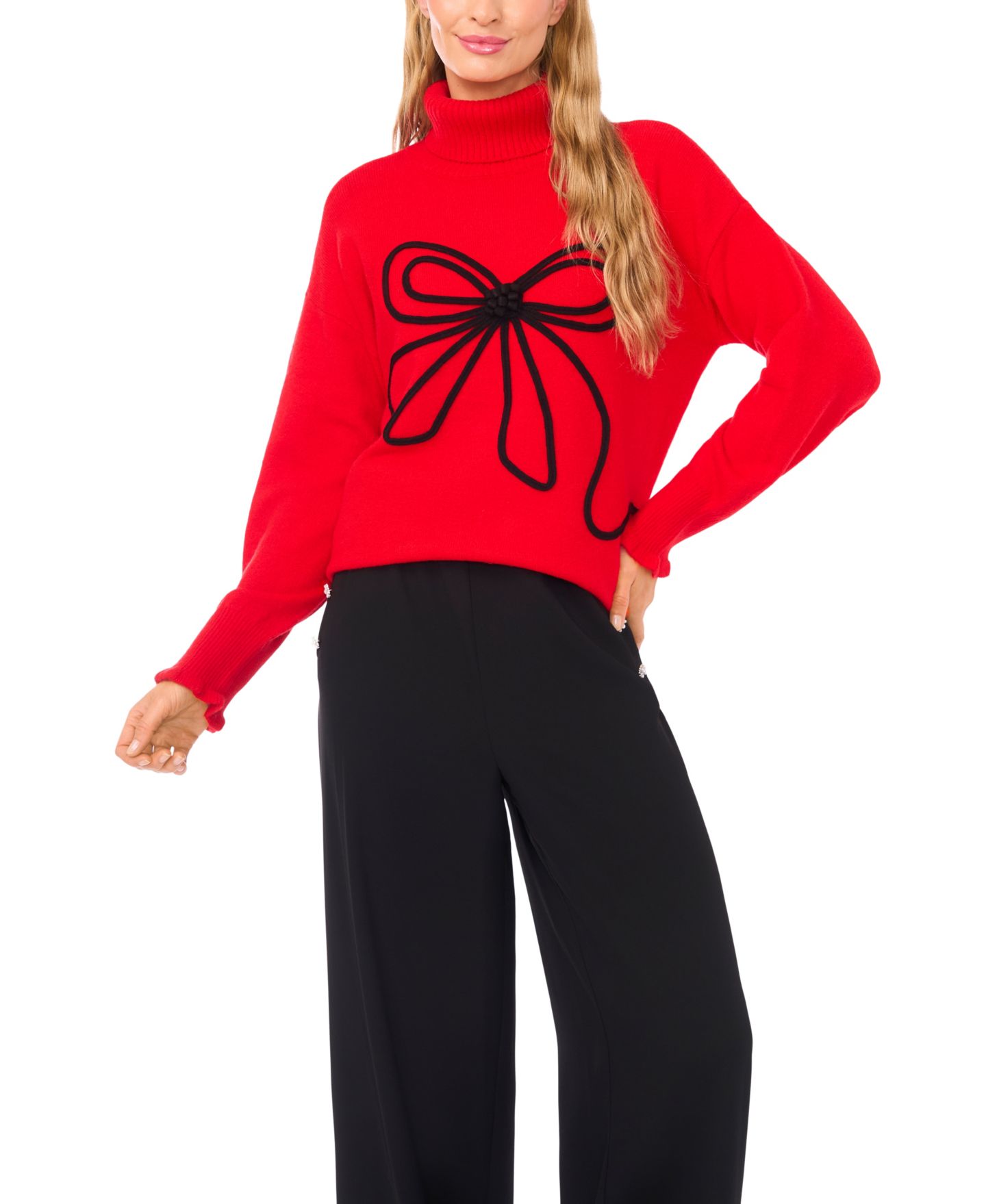 Женский свитер CeCe Embroidered Ribbon Turtleneck, цвет: Яркий вишнёвый — фото 1