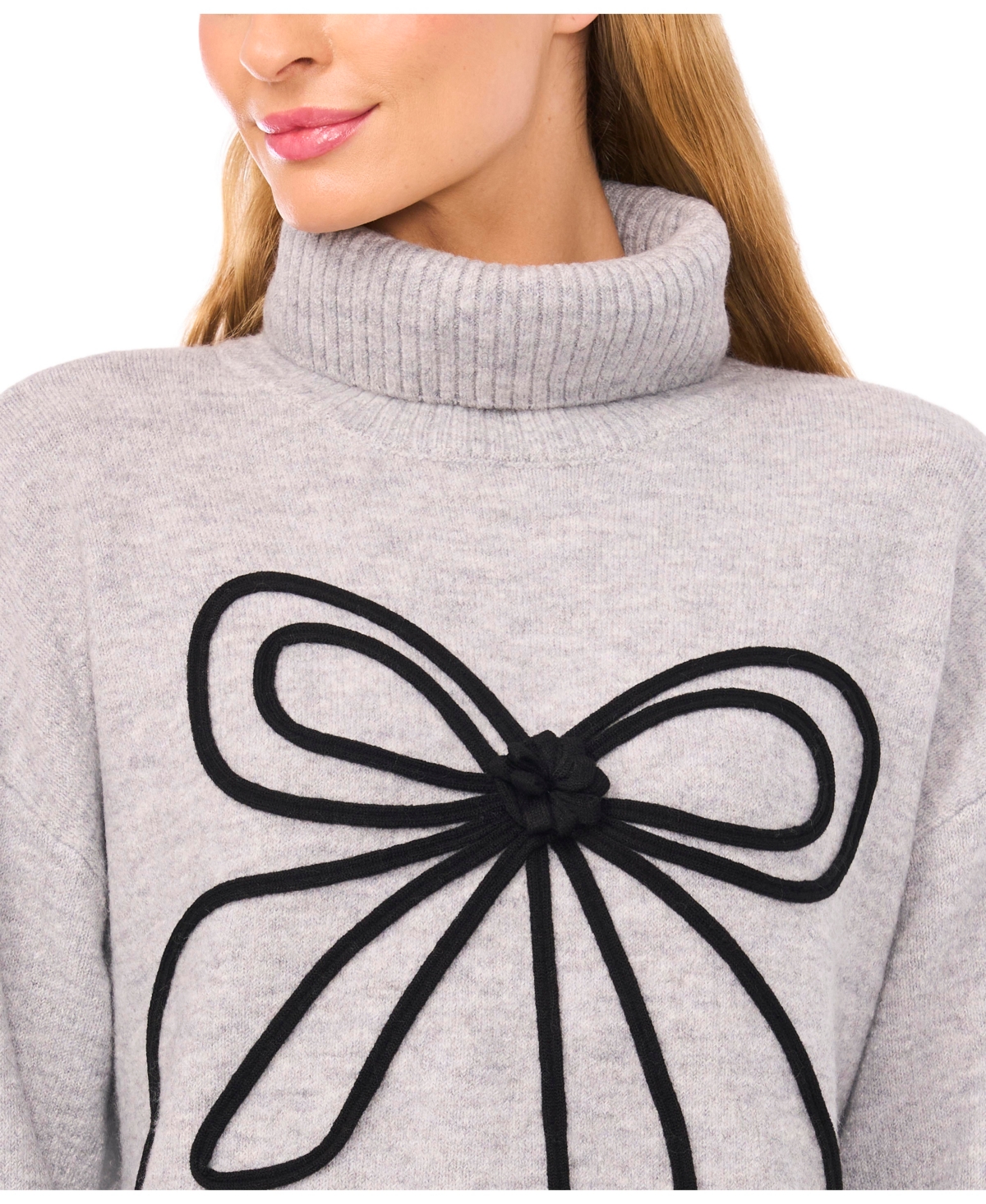 Cece Women's Embroidered Ribbon Turtleneck Sweater In Gray