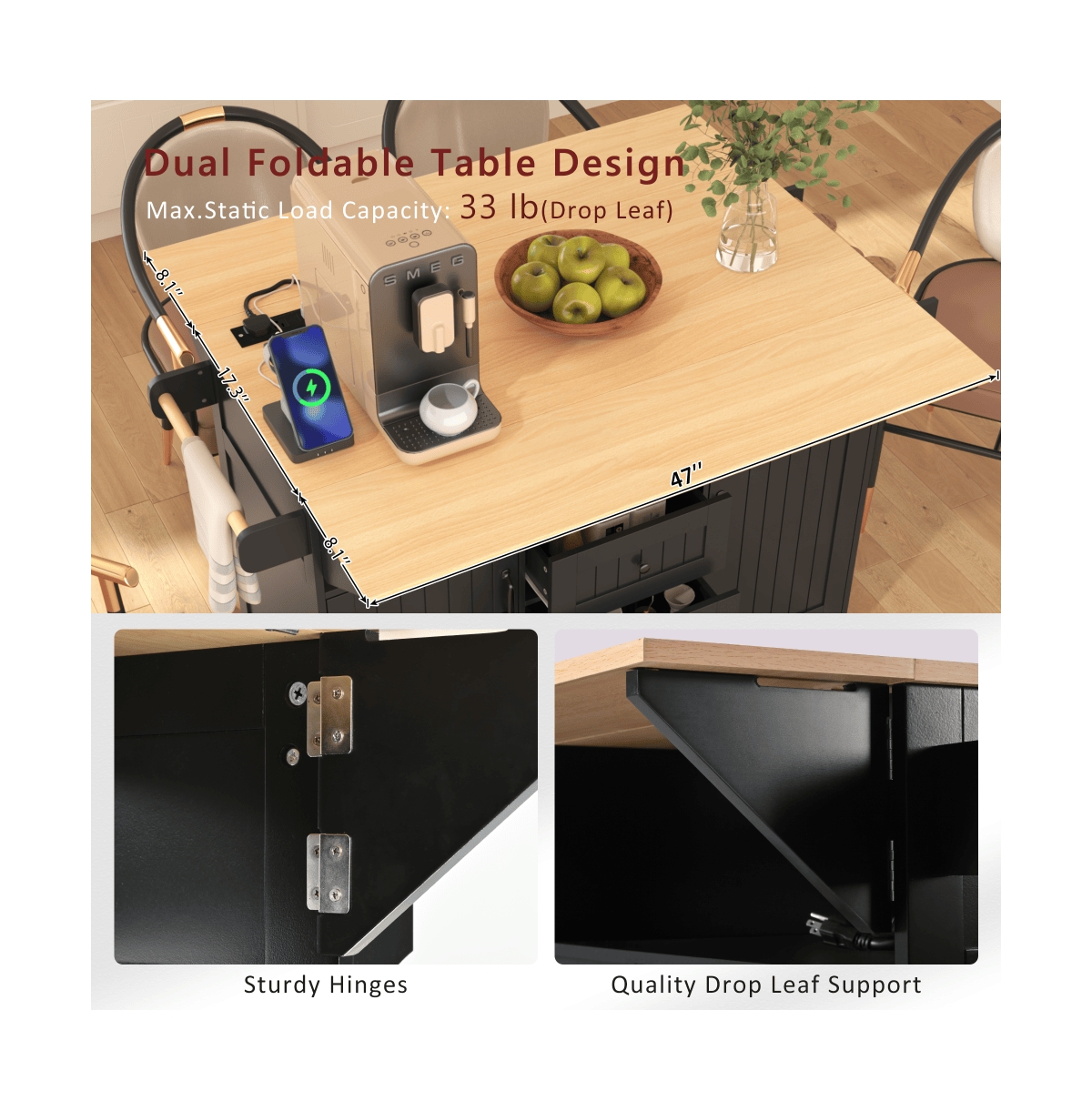 55.7" Rolling Kitchen Island with Dual Drop Leaves, Power Outlet, Storage Drawers & Cabinets-Maison Boucle