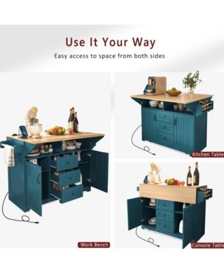 55.7" Rolling Kitchen Island with Dual Drop Leaves, Power Outlet, Storage Drawers & Cabinets