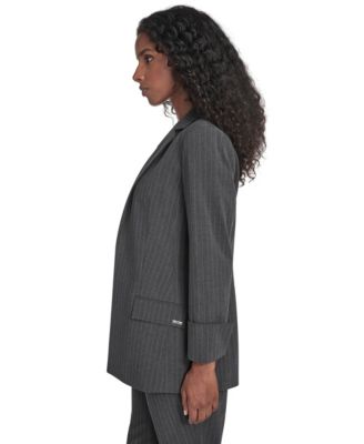 Petite Pinstripe Pattern Rollback Cuff Open Front Jacket