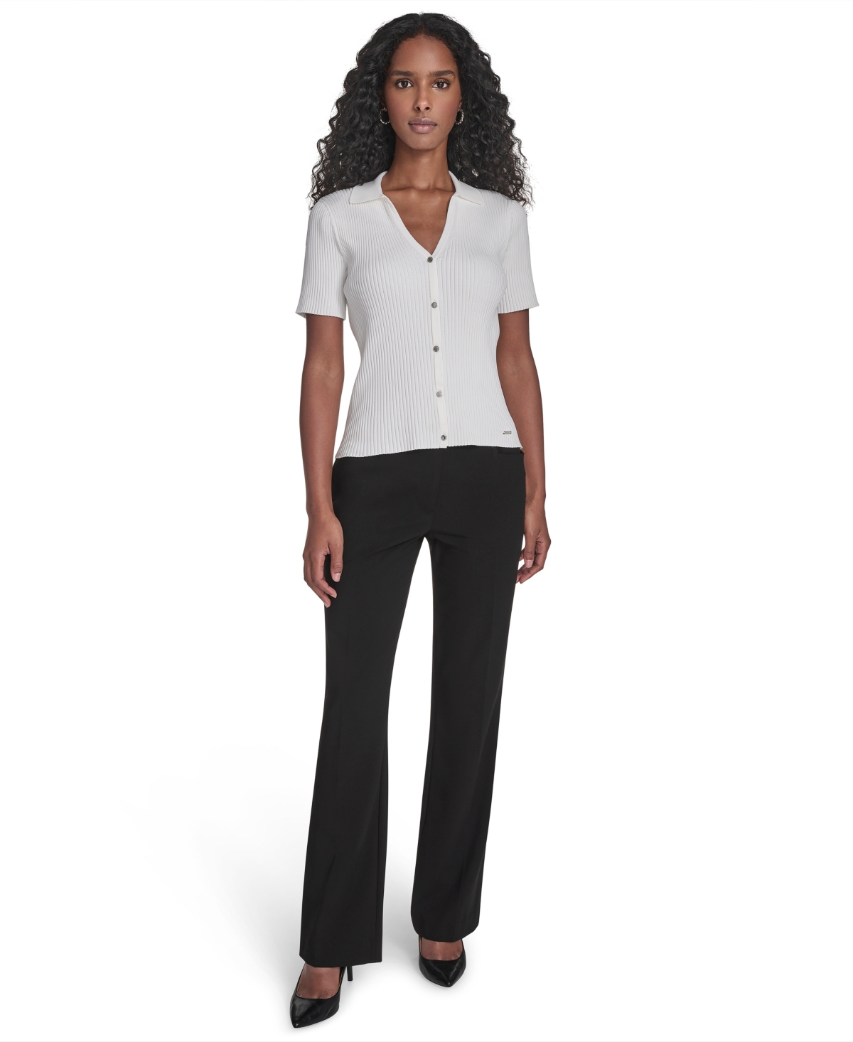 Calvin Klein Petite Collared Short Sleeve Button Detailing Sweater - Cream