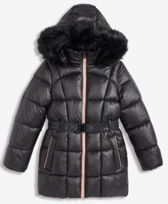 Michael Kors - Girls 7-16 Active Belted Stadium Puffer Jacket With Faux-Fur Trim