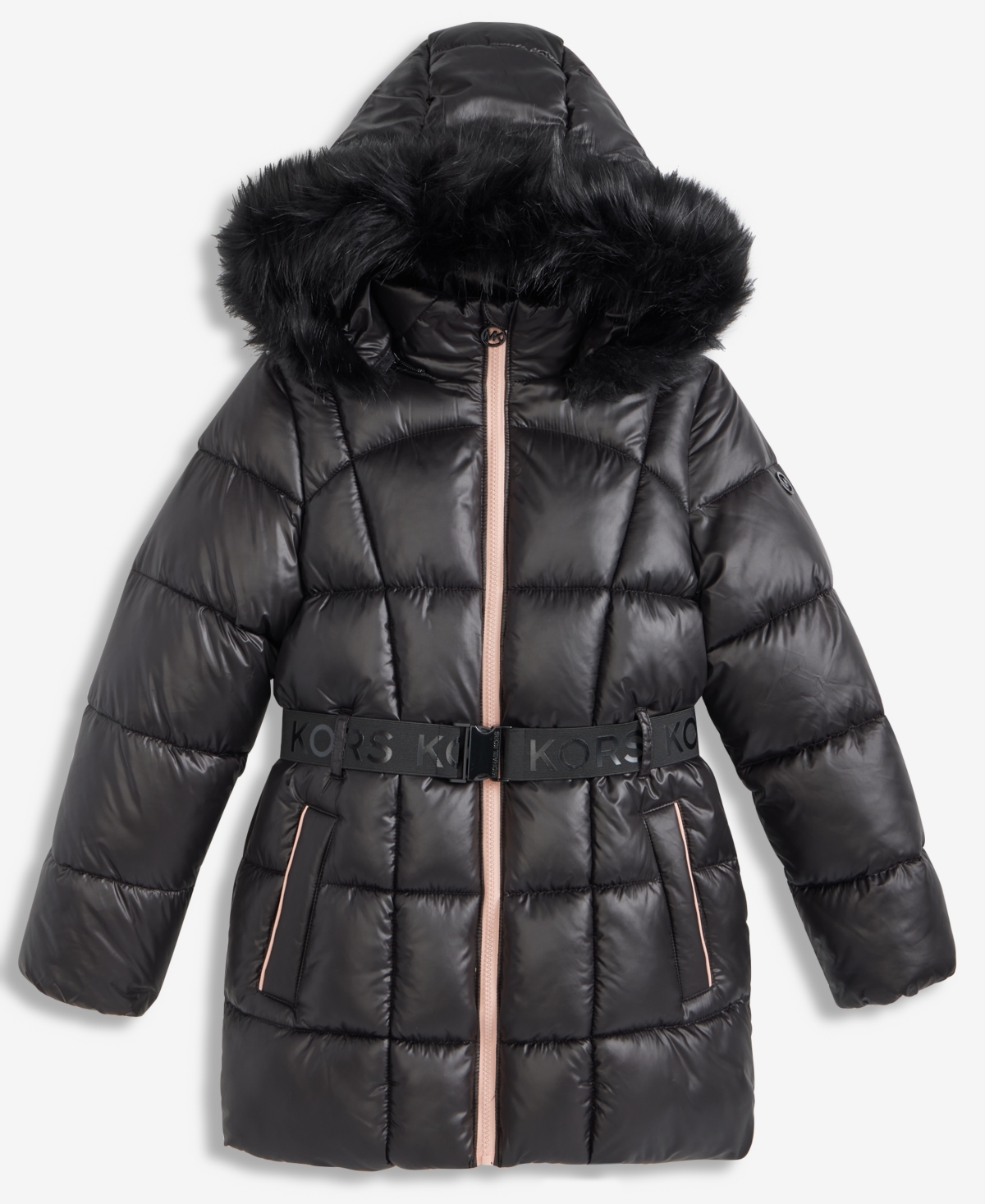 Michael Kors Girls 7-16 Active Belted Stadium Puffer Jacket With Faux-Fur Trim