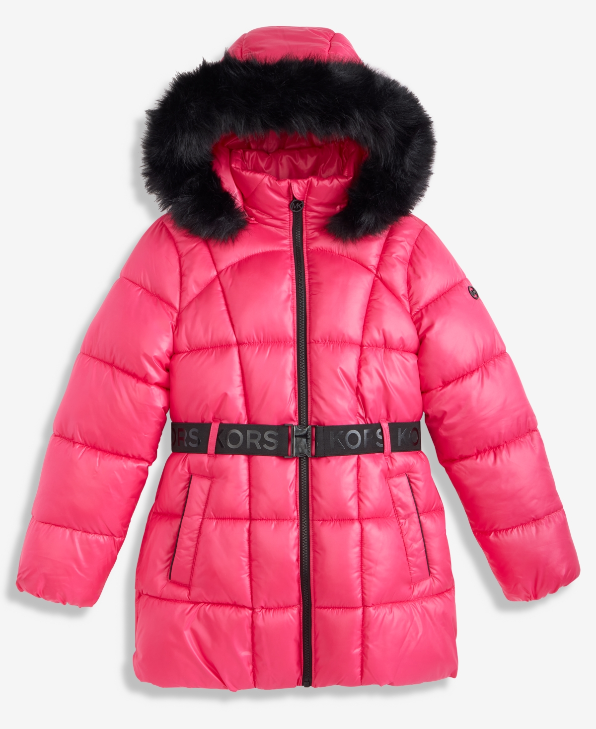 Michael Kors Girls 7-16 Active Belted Stadium Puffer Jacket With Faux-fur Trim In Pink