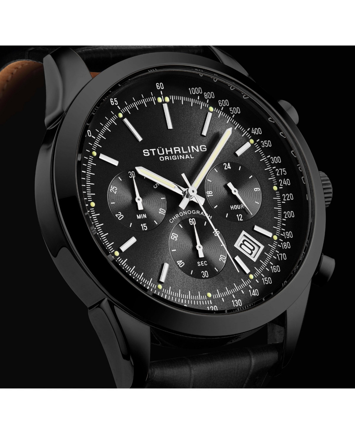 Stuhrling Men's Monaco Black Leather, Black Dial, 44mm Round Watch