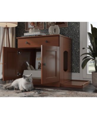 100% Solid Wood Ziva 2-Door Cat Litter Box Enclosure with Litter Catch