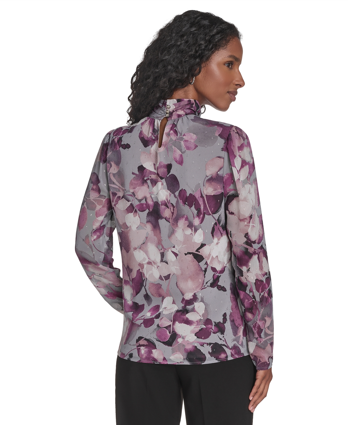 Calvin Klein Women's Mock Neck Long Sleeve Chiffon Blouse In Purple