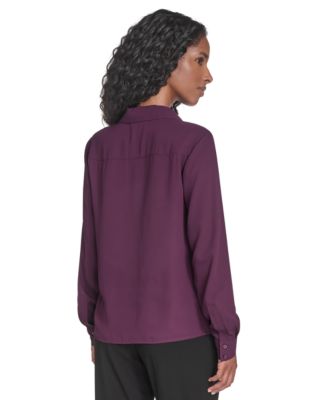 Women's Solid Long Sleeve Ruffle Front Blouse