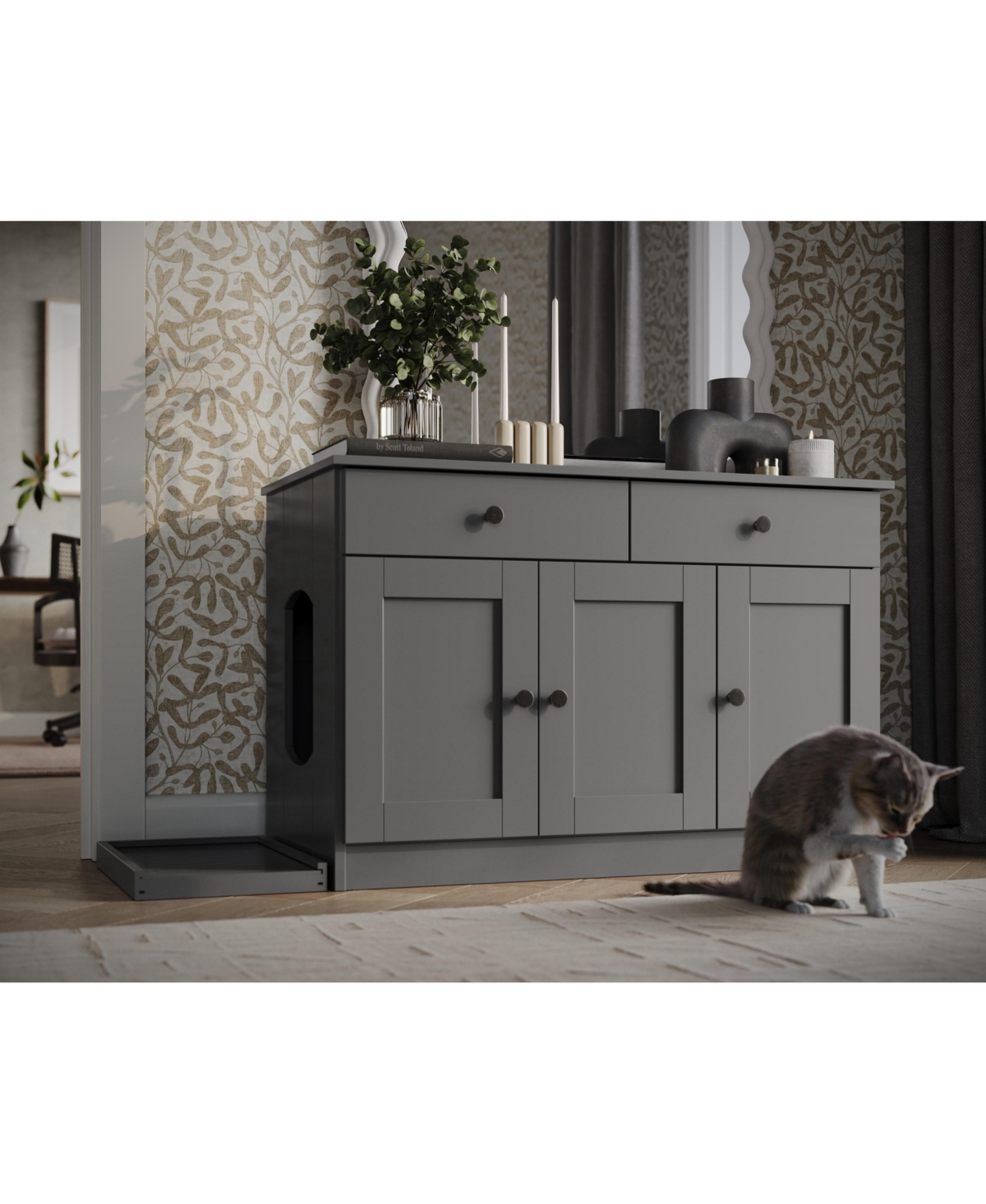 Palace Imports 100% Solid Wood Ziva 3-Door Cat Litter Box Enclosure with Catch