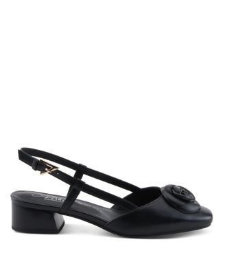 Women's Angelicish Leather Slingback Dress Shoes with Flower Applique, Cutout Sides, and Low Block Heel – Buckle Closure,Office-to-Evening Style