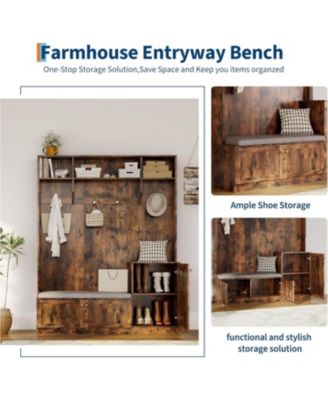 Hall Tree with Shoe Storage, 78.8" Entryway Bench with Coat Rack, with 4 Shoe Cabinet, 4 Coat Hooks, 3 Top Open Shelves, 5-in-1 Freestanding Coat Rack for Hallway, Bedroom, Living Room