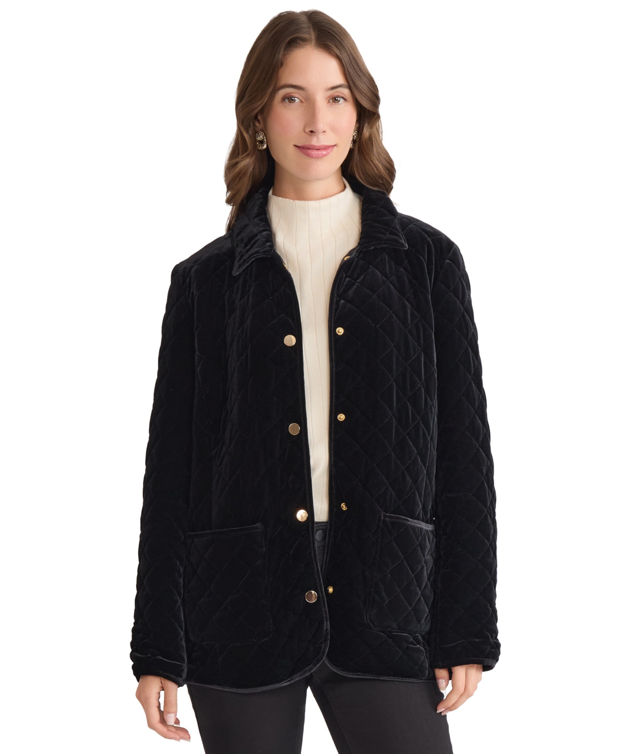 Jones New York Petite Long Sleeve Quilted Jacket In Black