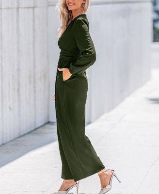 Women's Plunging Long Sleeve Wide Leg Jumpsuit