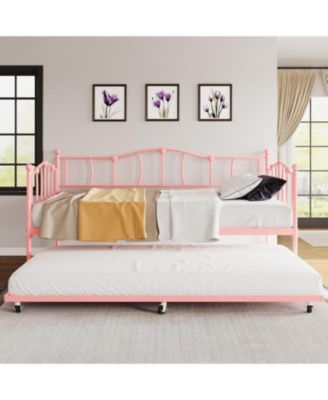 Metal Daybed with Trundle Bed, Twin Size Day Bed With Premium Metal Frame and Steel Slat Support, Daybed and Roll Out Trundle, Pink