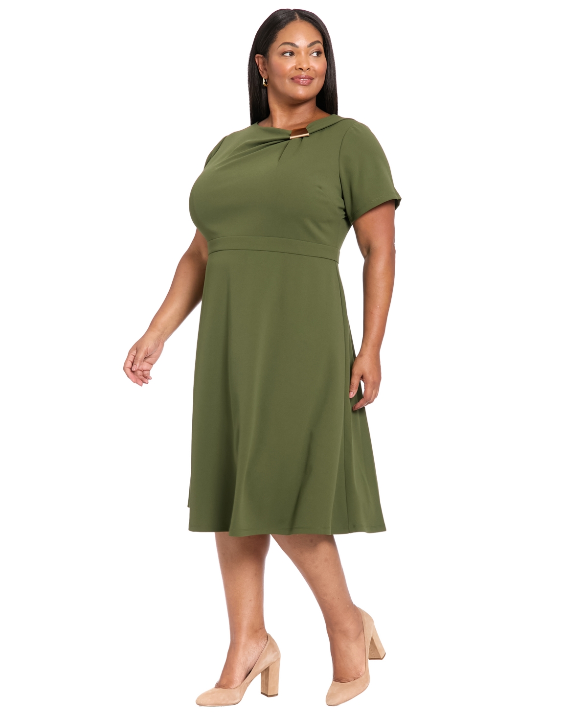 London Times Plus Size Fit And Flare Short Sleeve Dress In Green