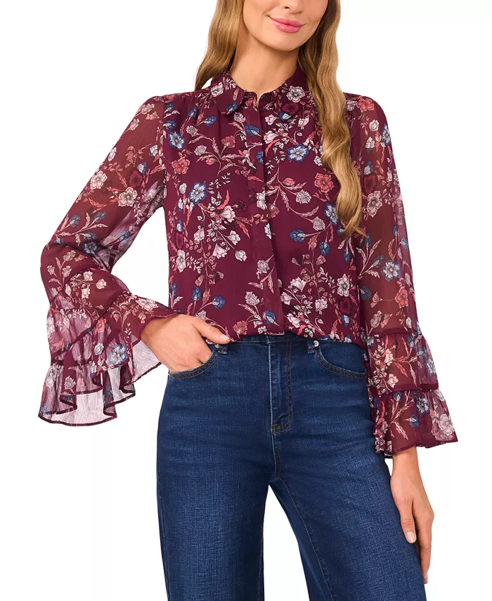 Women's Long Sleeve Double Ruffle Cuff Button Top