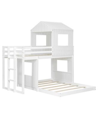 Wooden Twin Over Full Bunk Bed with Playhouse