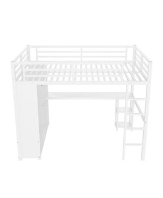Queen Loft Bed with Wardrobe Desk & Shelves - White