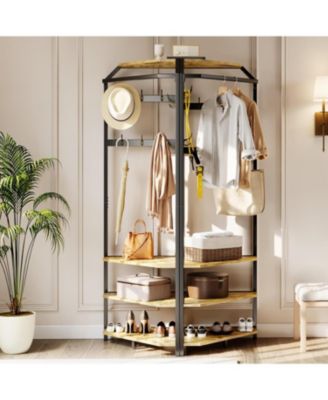 Corner Coat Rack With Shoe Bench and 6 Double Hooks, Corner Hall Tree - Clothes Rack With Storage Hall Tree With Organizer Shelf for Entryway, Hallway, Closet (02-Rustic Brown)