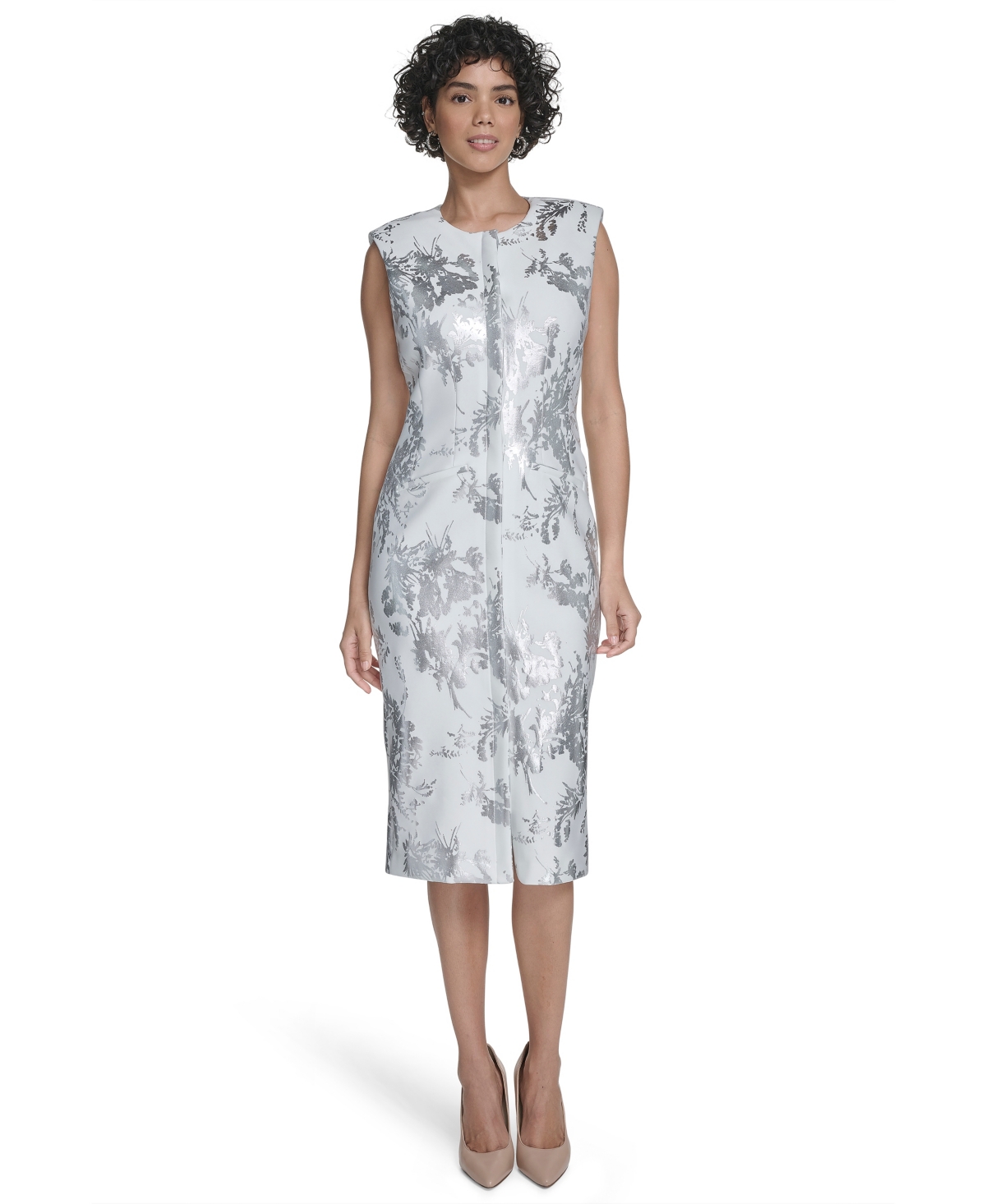 Calvin Klein Women's Sleeveless Foil Printed Sheath Dress In White