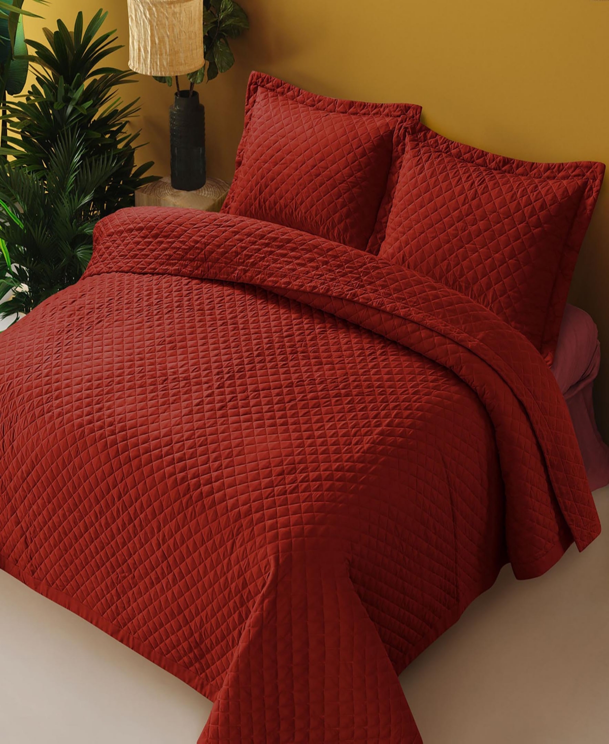 Tribeca Living Brisbane Microfiber Solid Oversized Quilt Set, King In Burgundy