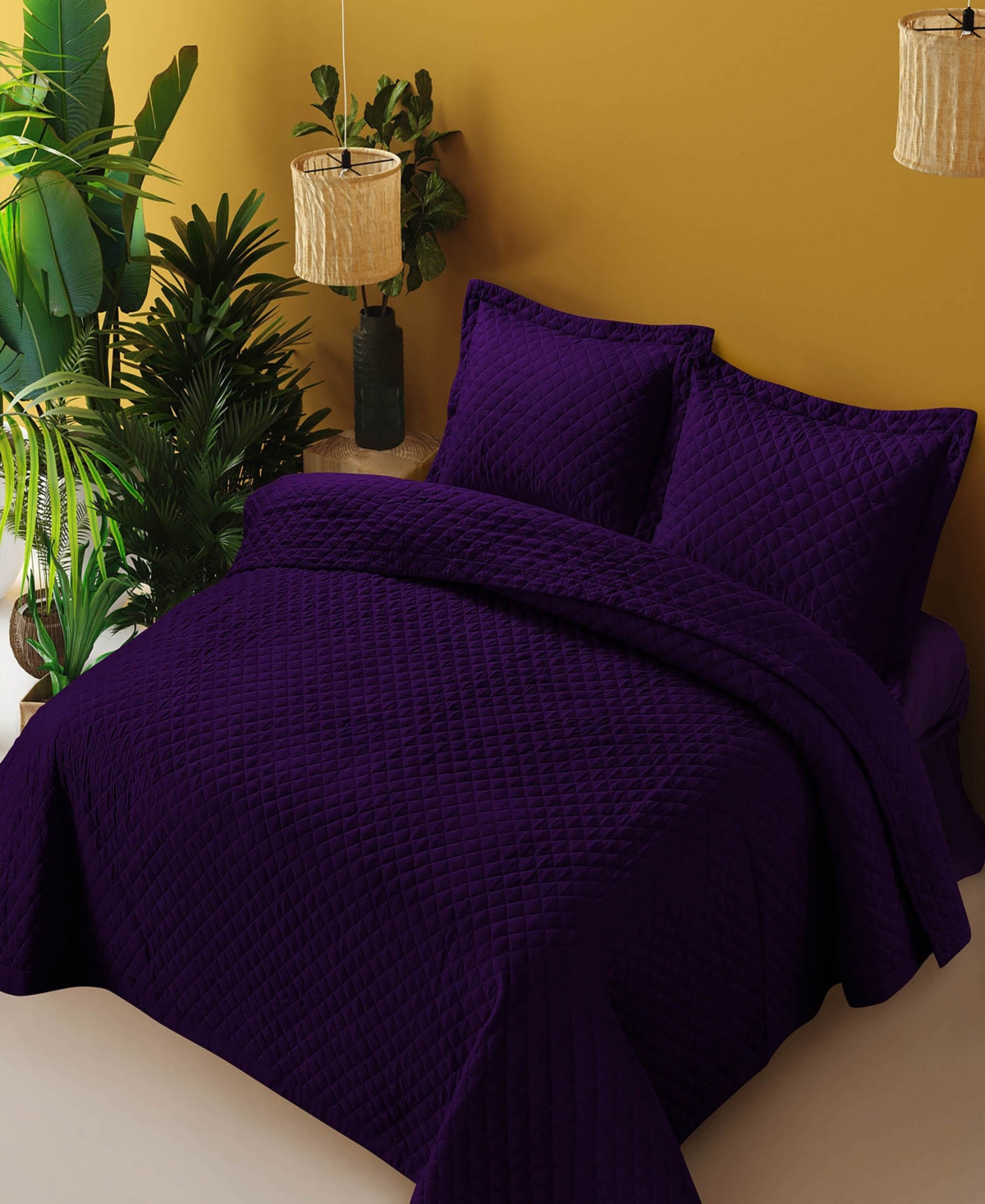 Tribeca Living Brisbane Microfiber Solid Oversized Quilt Set, King In Purple