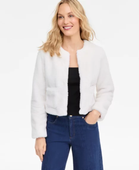 Petite Faux-Fur Long-Sleeve Jacket - Washed White
