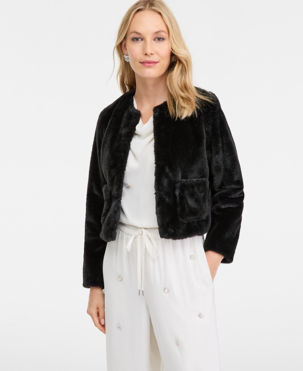 Inc International Concepts Petite Faux-fur Long-sleeve Jacket, Macy's Exclusive In Black