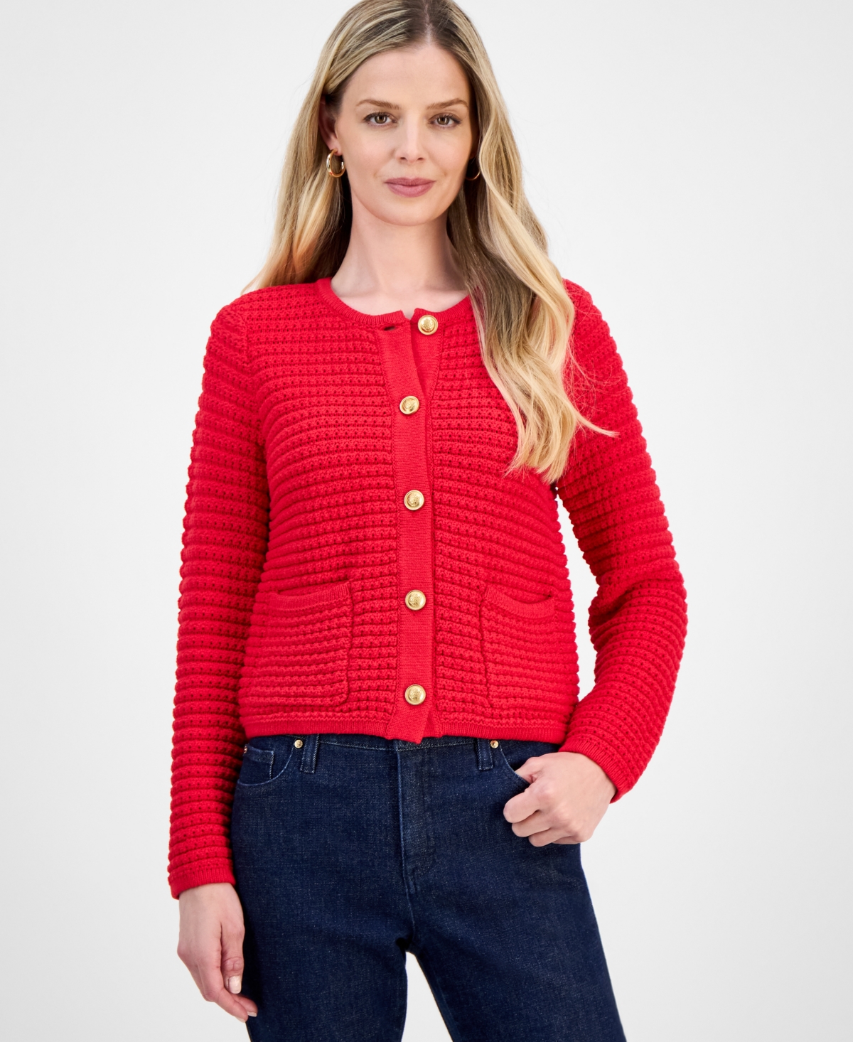 Inc International Concepts Petite Yarn-blend Button-down Cardigan Sweater, Created For Macy's In Red