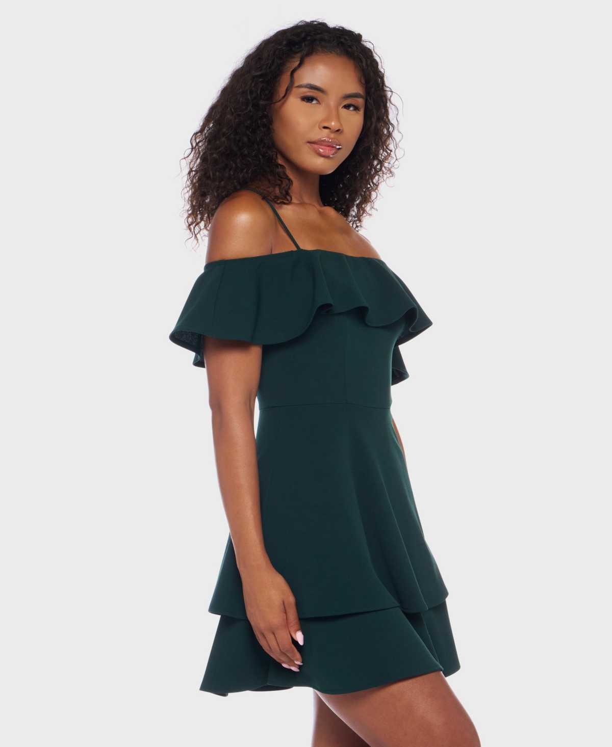 B Darlin Juniors' Ruffled Off-the-shoulder Dress In Green