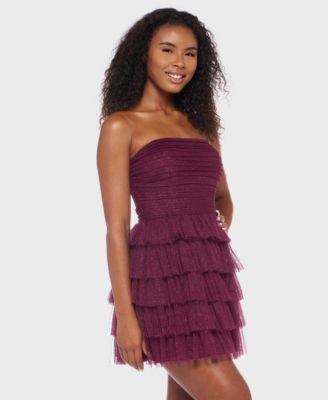 Juniors' Strapless Side-Shirred Tiered Glitter Mini Dress