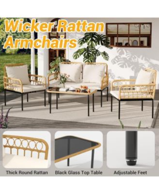 4 Pieces Patio Furniture Sets Wicker Outdoor Patio Table and Chairs Set with Glass Side Table, Loveseat Chairs, Boho Rattan Conversation Sets for Bistro, Apartment, Backyard, Porch, Beige