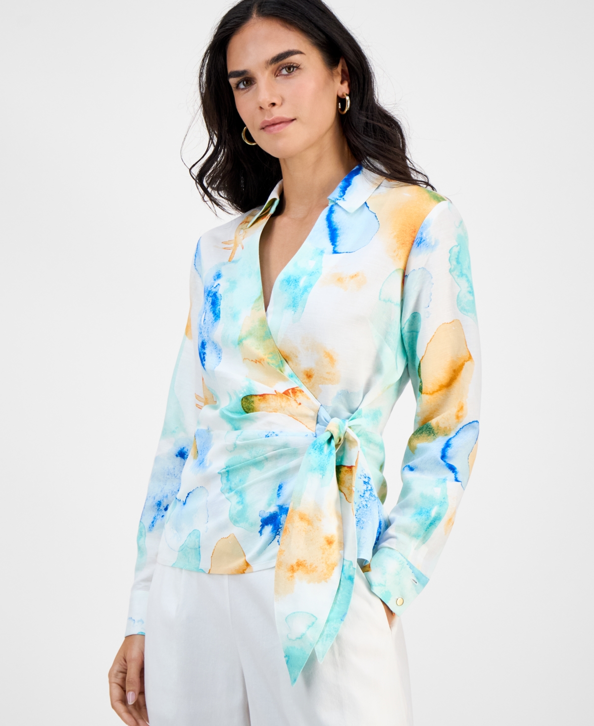 I.n.c. International Concepts Petite Printed Long-Sleeve Wrap Blouse, Macy's Exclusive
