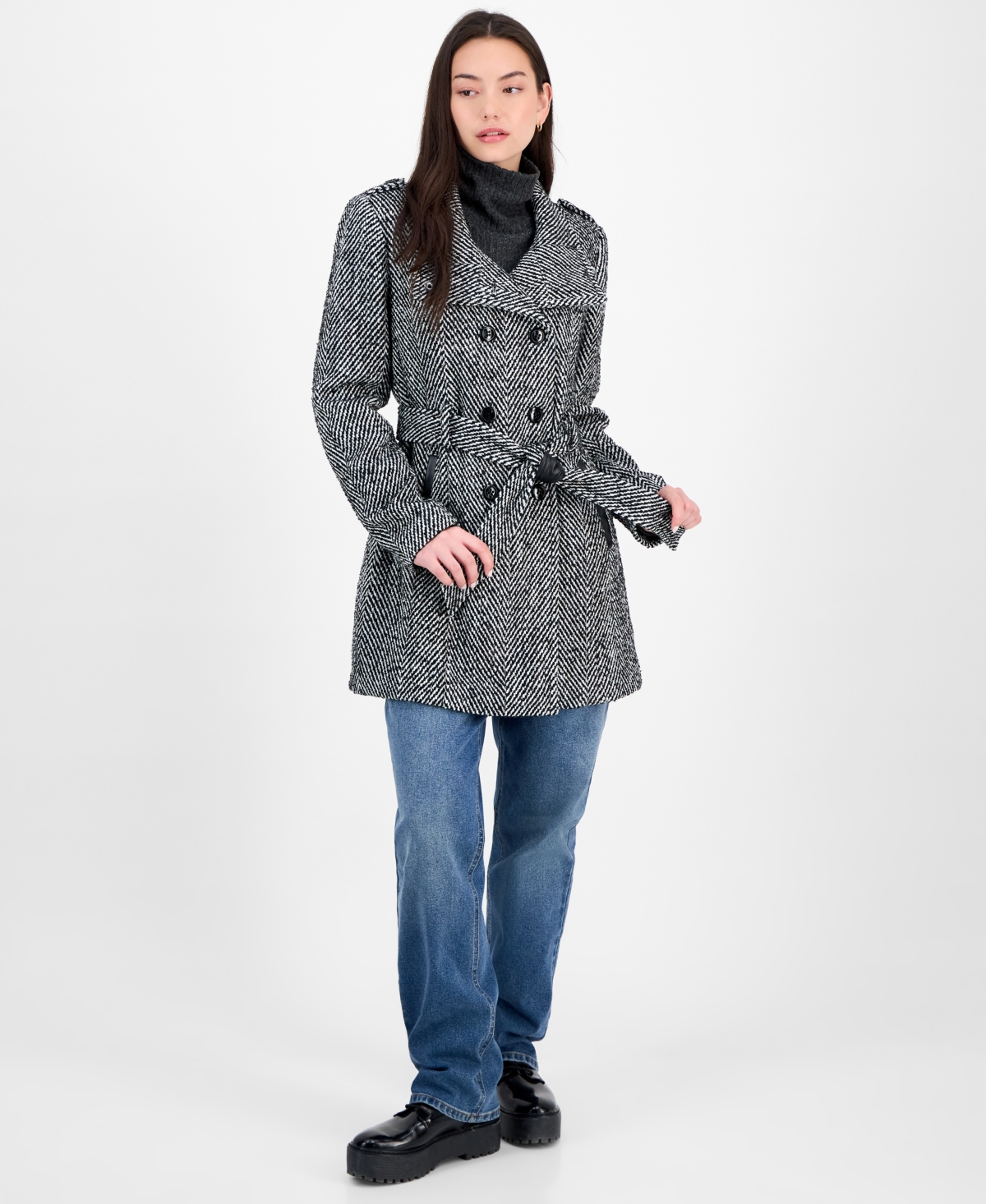 Bcx Juniors' Plaid Funnel-neck Trench Coat In Gray