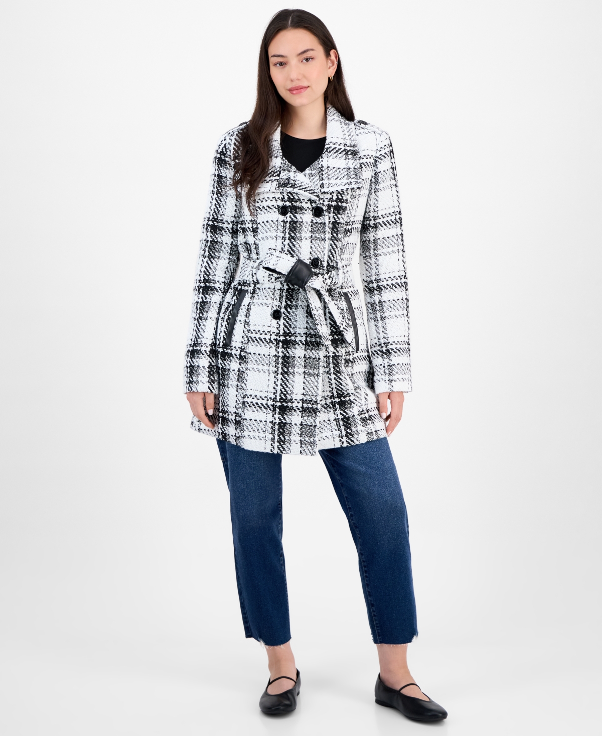 Bcx Juniors' Plaid Funnel-neck Trench Coat In Multi