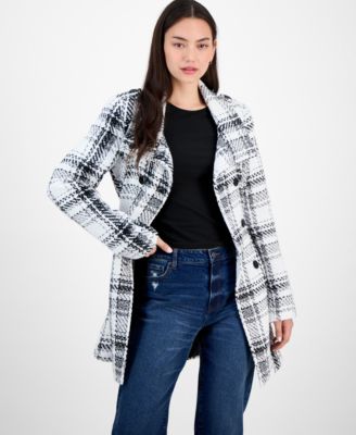 Juniors' Plaid Funnel-Neck Trench Coat