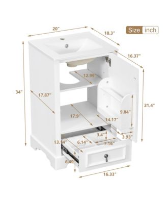20" Solid Wood And MDF Soft-Close Door, U-Shaped Shelf, Drawer and Storage Rack Bathroom Vanity with Ceramic Sink