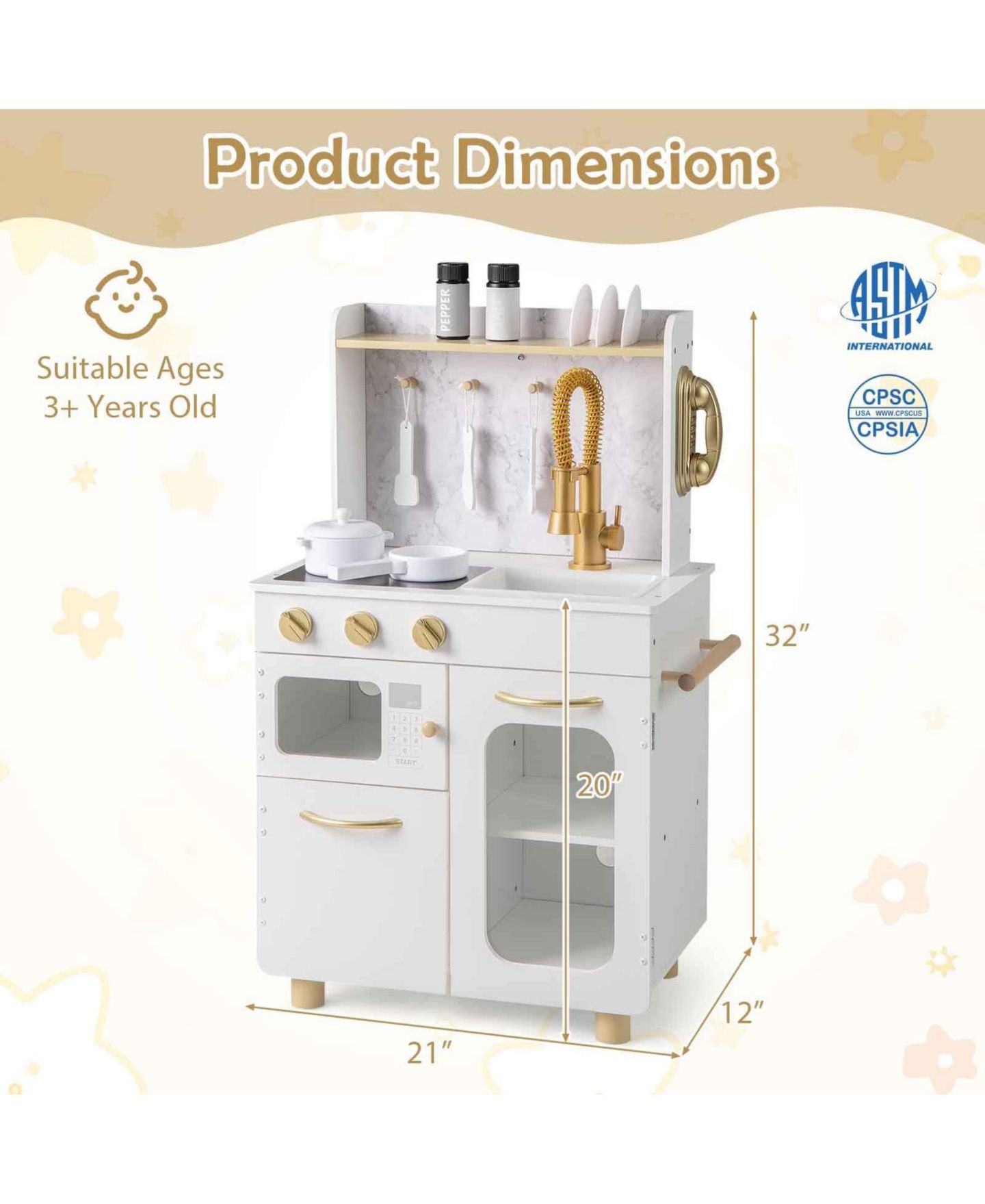 Детские игрушки Mecale Kids Kitchen Set Pretend Play Kitchen with Stoves Faucet Sink Telephone Microwave and Oven-White, цвет: Белый — фото 2